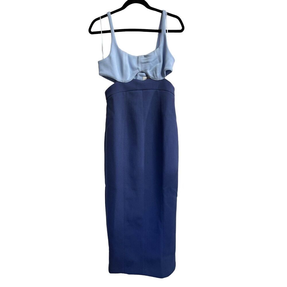 Misha Fernanda Two Tone Midi Dress Women's Medium Navy Blue Cutout Back Zipper D - Picture 4 of 10